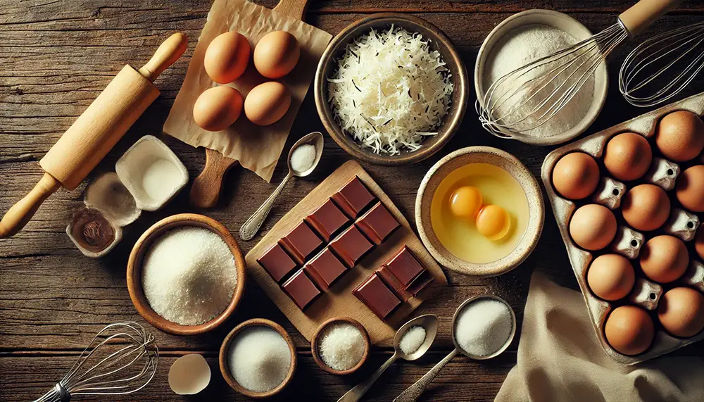 tous les ingrédients nécessaires pour faire le fondant au chocolat et noix de coco