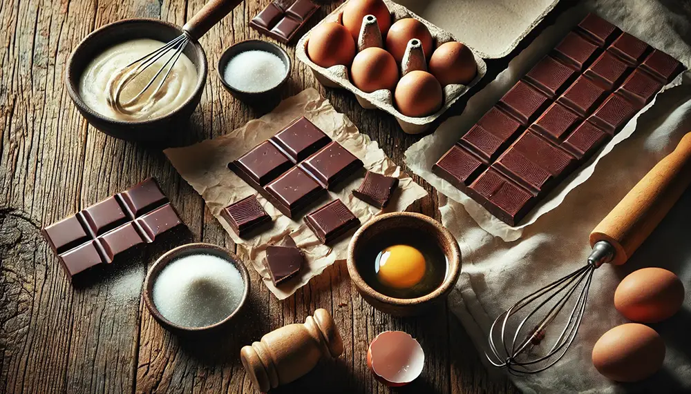 Tous les ingrédients de la mousse au chocolat présentés sur une table