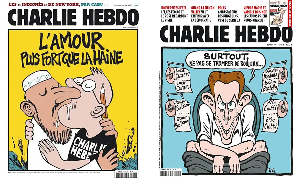 Deux une de Charlie Hebdo : L'amour plus fort que la haine (2011) et Surtout ne pas tromper de rouleau (2024)