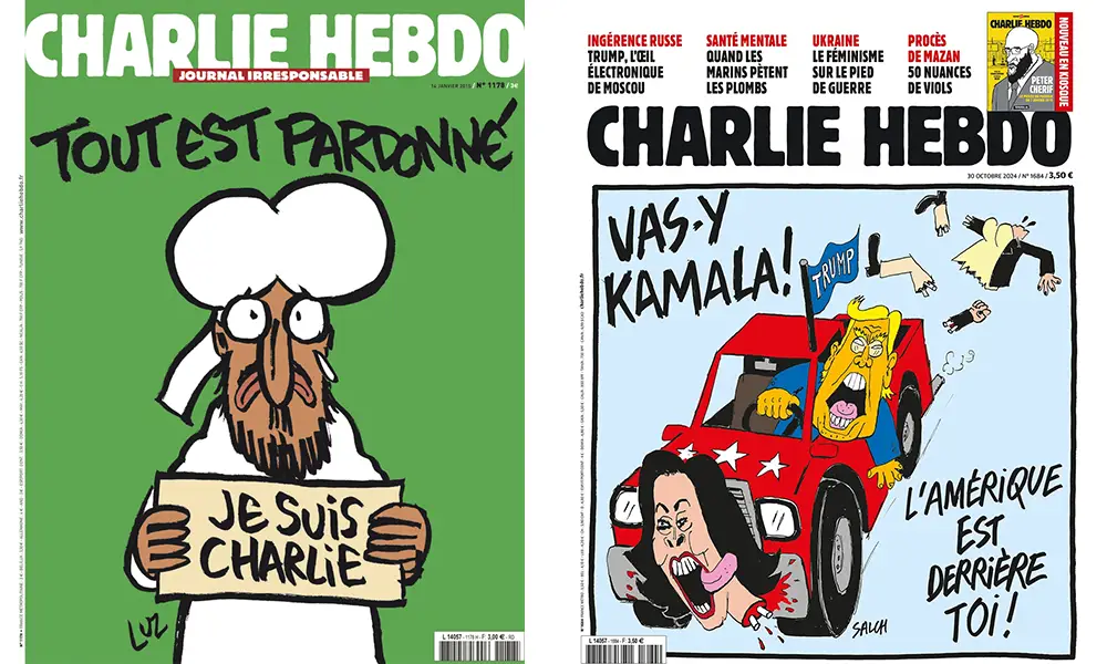 Une de charlie Hebdo, Tout est pardonné (2015) et Vas-y Kamala (2024)