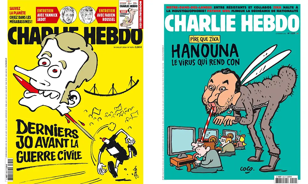 Unes de Charlie Hebdo : Derniers JO avant la guerre civile (2024) et Hanouna le virus qui rend con (2016)